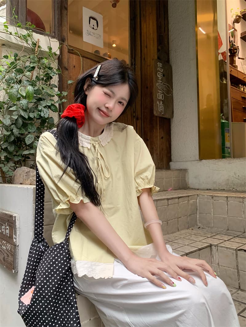 실사 정가 일본식 레이스 레이스 칼라 거품 소매 레이스업 반팔 여성 셔츠 프랑스식 맨위 상세 이미지 8