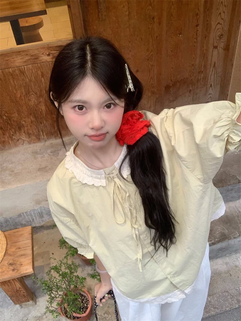 실사 정가 일본식 레이스 레이스 칼라 거품 소매 레이스업 반팔 여성 셔츠 프랑스식 맨위 상세 이미지 14