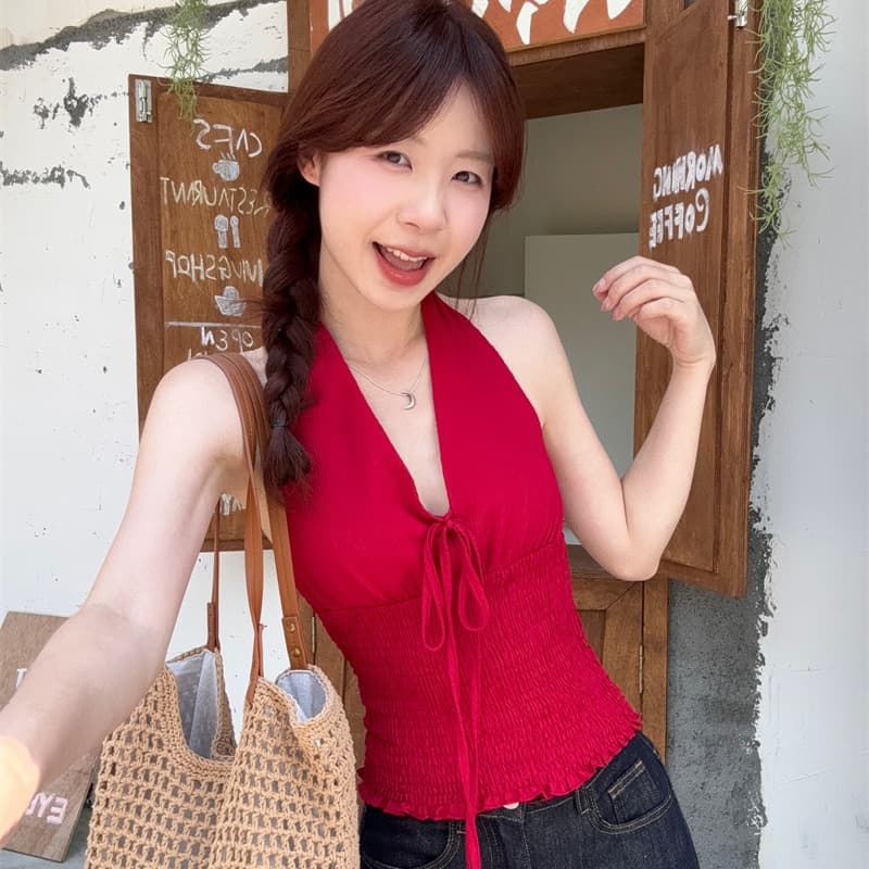실사 정가 캐미솔 여름 외출용 아름다움 뒤로 핫걸 착용 가져 가라. 빨간색 민소매 행침 목 맨위 여성