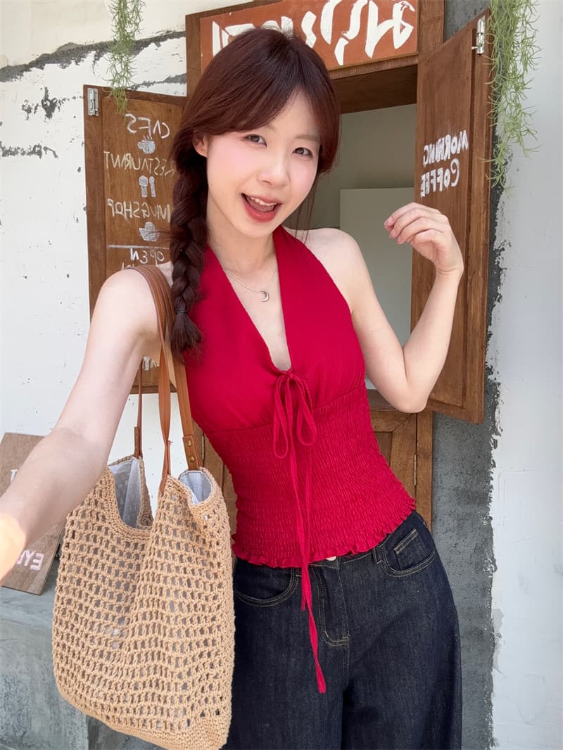 실사 정가 캐미솔 여름 외출용 아름다움 뒤로 핫걸 착용 가져 가라. 빨간색 민소매 행침 목 맨위 여성 상세 이미지 4