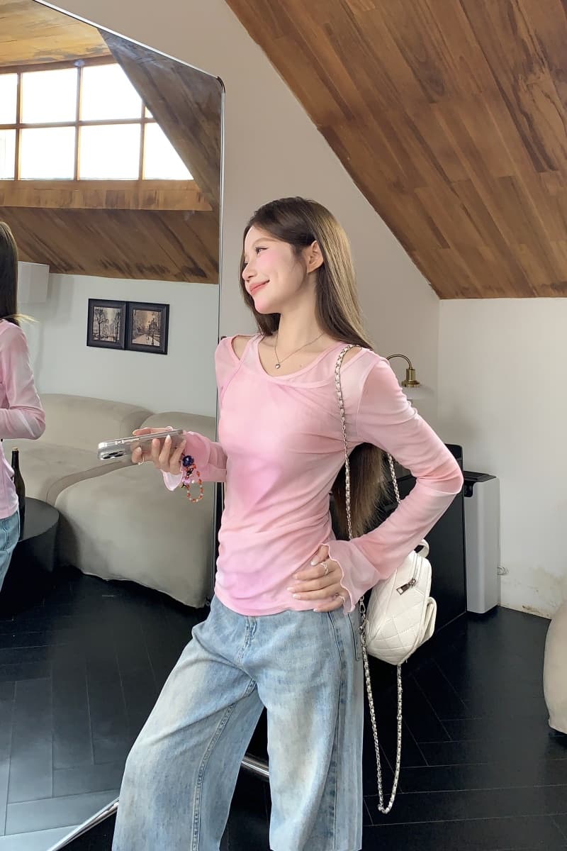 실사 정가 부드러운 바람 핑크색 그라데이션 긴팔 티셔츠 여름 새로운 그라데이션 홀치기 염색 다용도 패션 맨위 상세 이미지 6