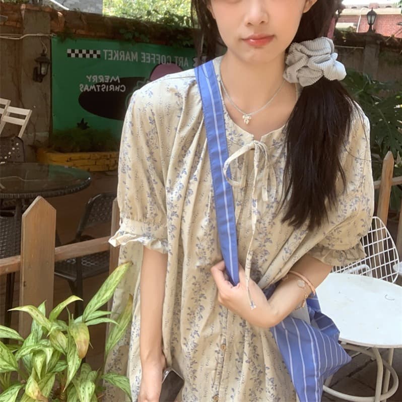 실사 정가 일본식 레트로 꽃무늬 드레스 작은 대중 문예 루즈핏 다용도 레이스업 면 린넨 반팔 롱 스커트 이미지 4