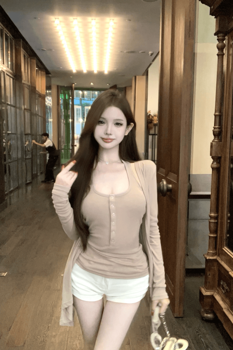실사 정가 카키 색 얇은 스타일 니트 세트 불규칙 디자인 센스 오픈 가디건 몸매 가꾸기 투피스 조끼 상세 이미지 5