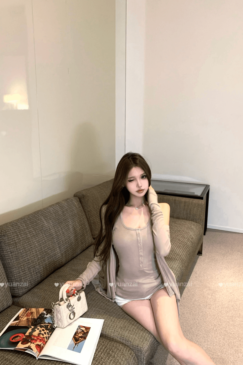 실사 정가 카키 색 얇은 스타일 니트 세트 불규칙 디자인 센스 오픈 가디건 몸매 가꾸기 투피스 조끼 상세 이미지 9