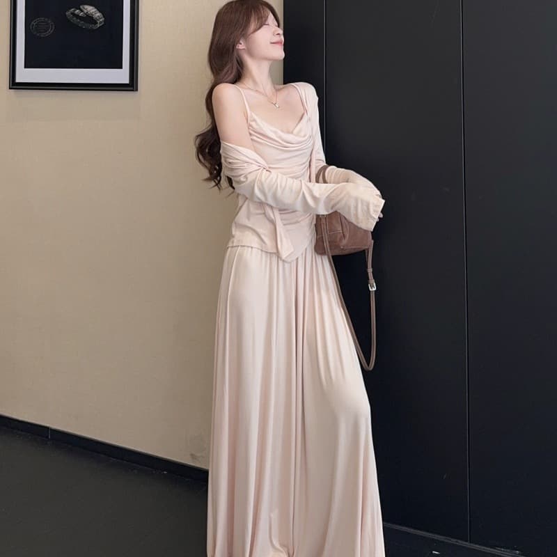 실사 정가 캐주얼 세트 여성 뜨개질 슬립 오픈 가디건 와이드 레그 팬츠 느슨함 착용 가져 가라. 패션 3종 세트 이미지 5