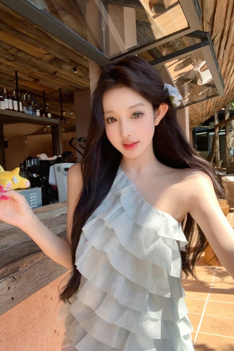실사 정가 맑은 물 블루 비스듬한 어깨 쉬폰 블라우스 블라우스 작은 셔츠 고급 센스 순수한 욕망 오프숄더 맨위 상세 이미지 12