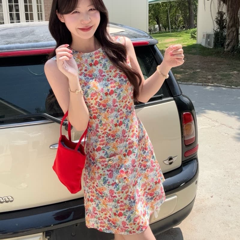 실사 정가 배색 작은 꽃무늬 조끼 여성 드레스 봄 여름 순면 라운드 넥 몸매 가꾸기 허리 수축 민소매 미니 스커트 이미지 4