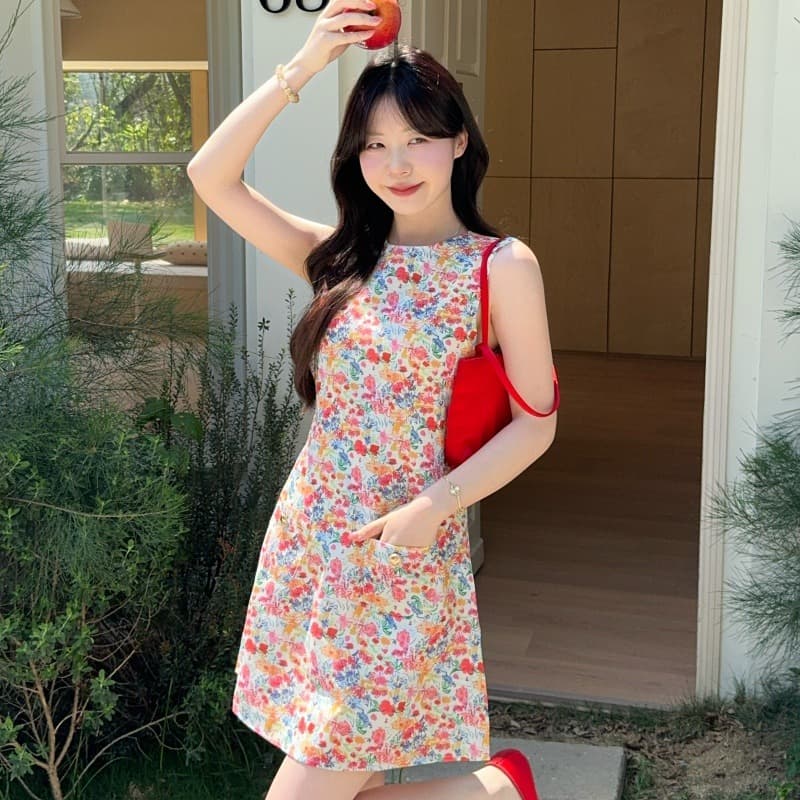 실사 정가 배색 작은 꽃무늬 조끼 여성 드레스 봄 여름 순면 라운드 넥 몸매 가꾸기 허리 수축 민소매 미니 스커트