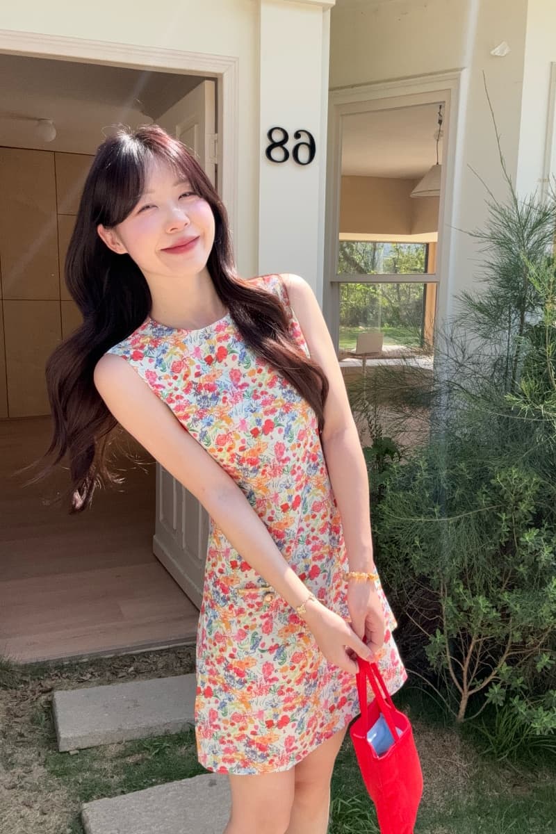 실사 정가 배색 작은 꽃무늬 조끼 여성 드레스 봄 여름 순면 라운드 넥 몸매 가꾸기 허리 수축 민소매 미니 스커트 상세 이미지 5