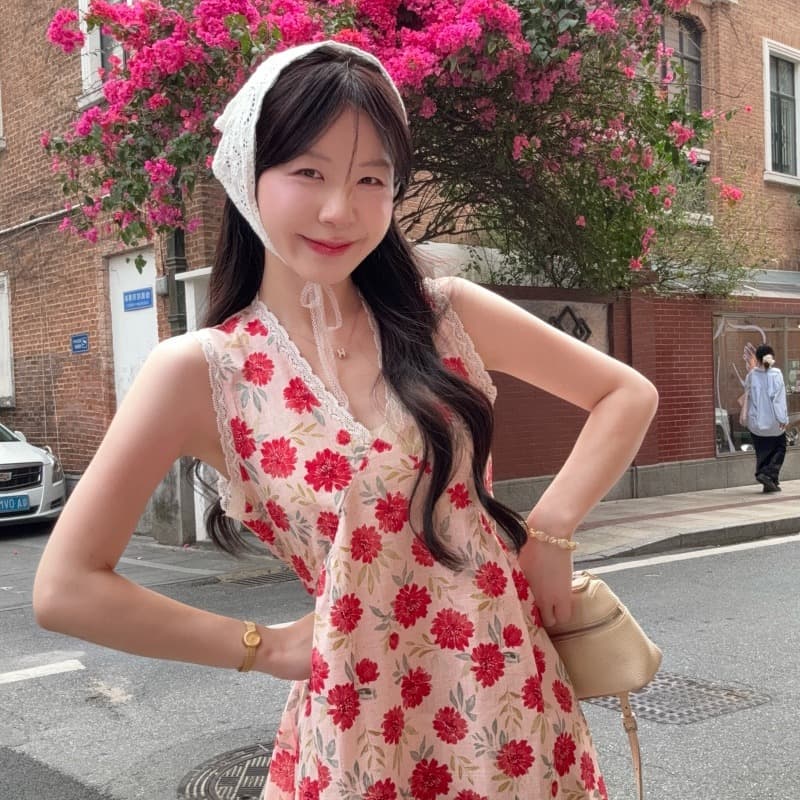 실사 정가 색상 V넥 행침 목 드레스 여름 휴가 바람 허리 수축 슬림해 보이는 미니 스커트 이미지 4