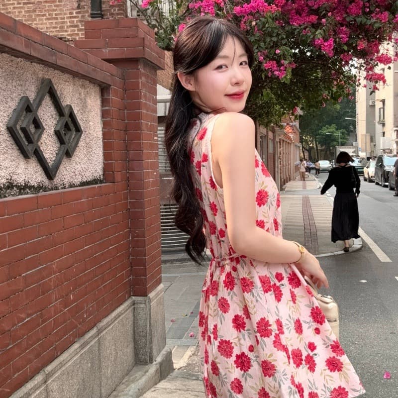 실사 정가 색상 V넥 행침 목 드레스 여름 휴가 바람 허리 수축 슬림해 보이는 미니 스커트 이미지 3
