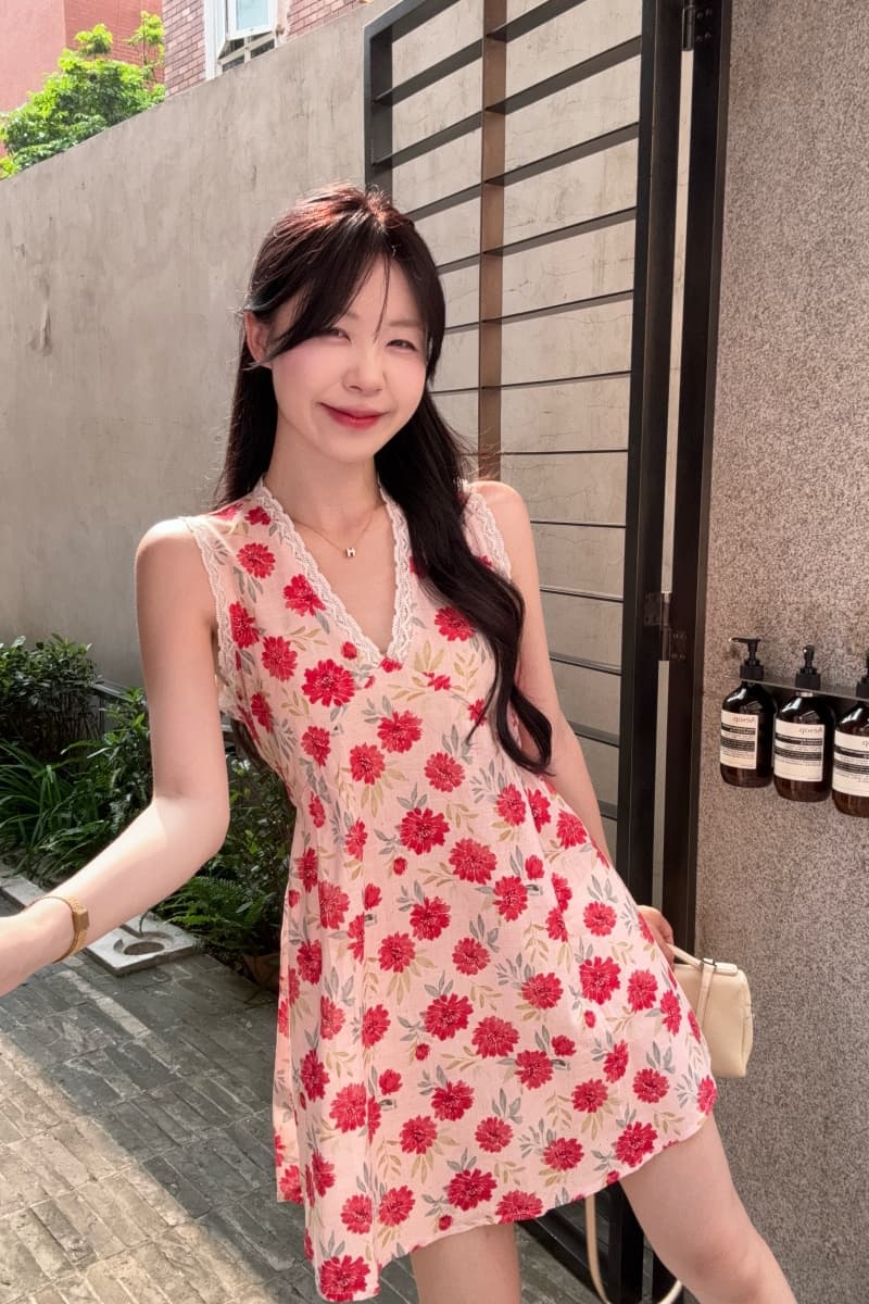 실사 정가 색상 V넥 행침 목 드레스 여름 휴가 바람 허리 수축 슬림해 보이는 미니 스커트 상세 이미지 2