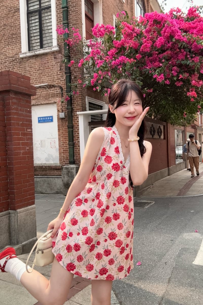 실사 정가 색상 V넥 행침 목 드레스 여름 휴가 바람 허리 수축 슬림해 보이는 미니 스커트 상세 이미지 4