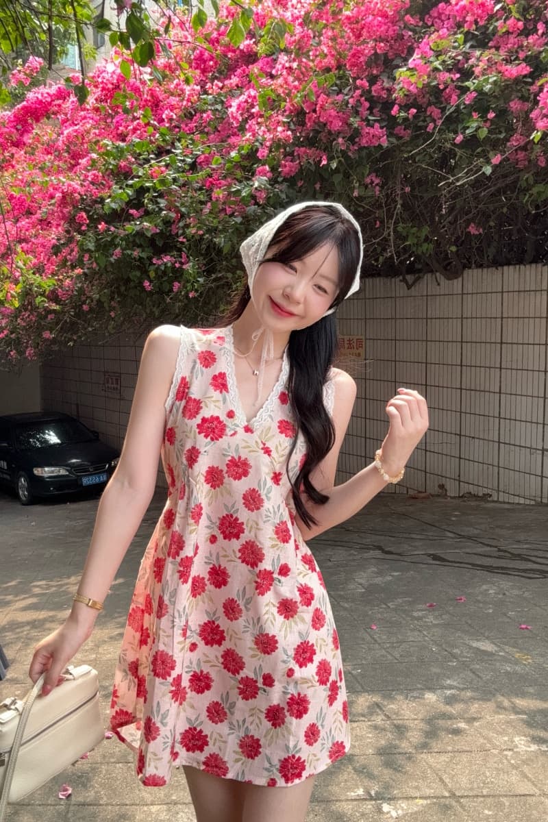 실사 정가 색상 V넥 행침 목 드레스 여름 휴가 바람 허리 수축 슬림해 보이는 미니 스커트 상세 이미지 7