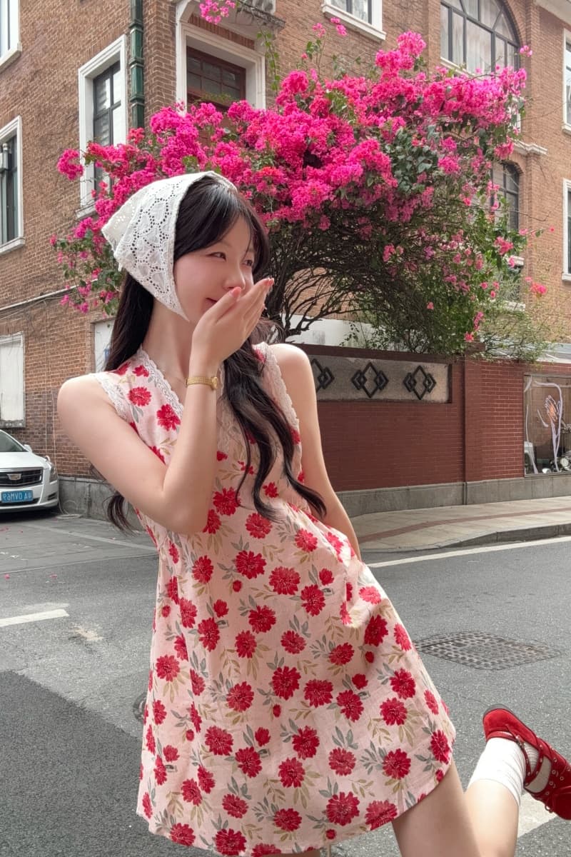 실사 정가 색상 V넥 행침 목 드레스 여름 휴가 바람 허리 수축 슬림해 보이는 미니 스커트 상세 이미지 10