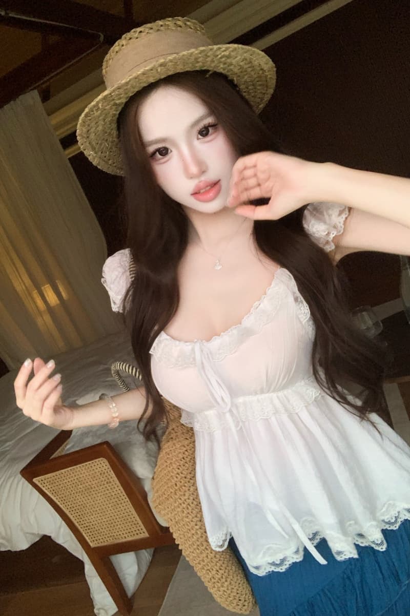 실사 정가 레트로 휴가 바람 해변가 프랑스식 낮은 가슴 맨위 불규칙 디자인 레이스 트임 반신 스커트 상세 이미지 9
