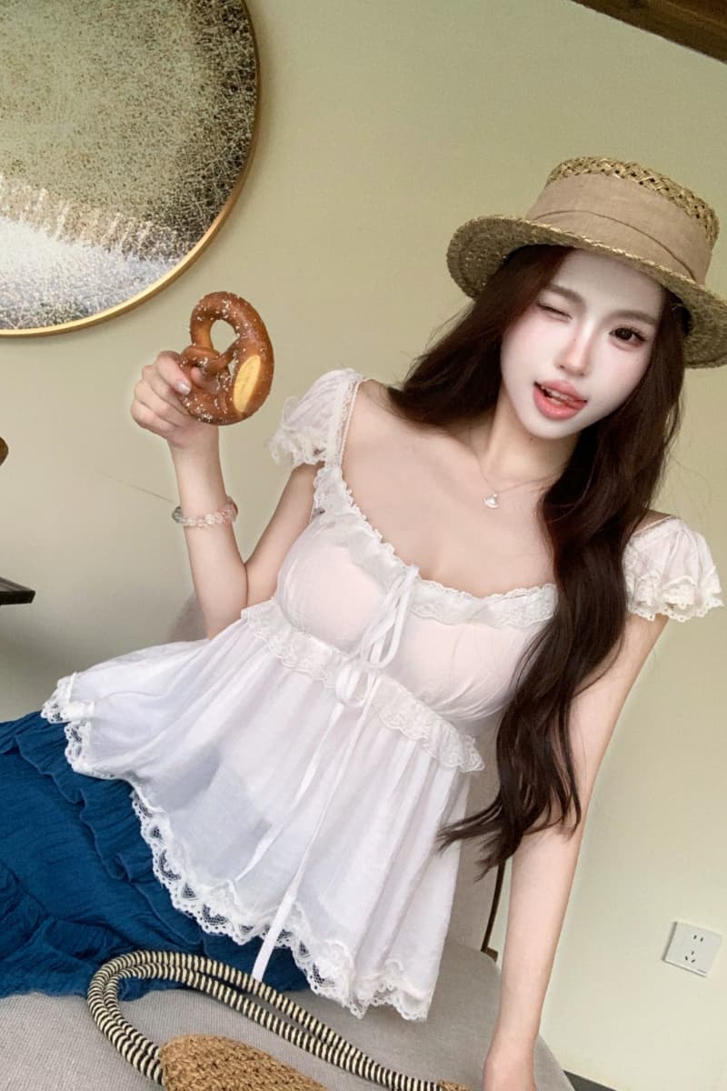 실사 정가 레트로 휴가 바람 해변가 프랑스식 낮은 가슴 맨위 불규칙 디자인 레이스 트임 반신 스커트 상세 이미지 12