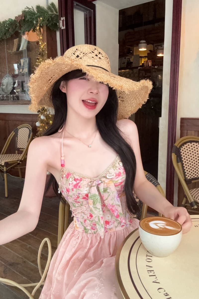 실사 정가 수채화 정원 롱 코트 행침 목 비즈 한 마디 허리 수축 프린트 여성 드레스 여름 프랑스식 치마 상세 이미지 13