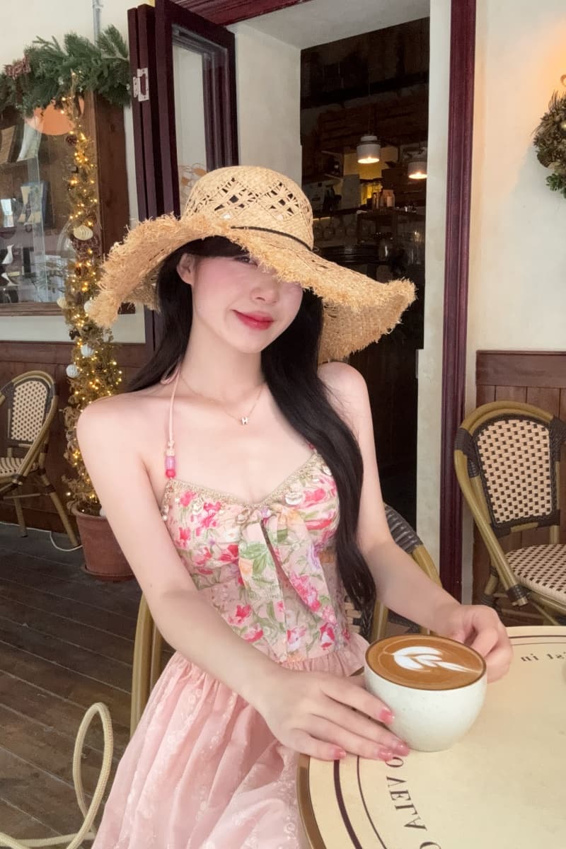 실사 정가 수채화 정원 롱 코트 행침 목 비즈 한 마디 허리 수축 프린트 여성 드레스 여름 프랑스식 치마 상세 이미지 14