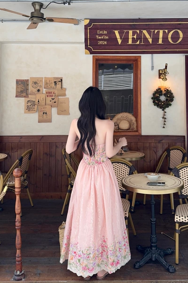 실사 정가 수채화 정원 롱 코트 행침 목 비즈 한 마디 허리 수축 프린트 여성 드레스 여름 프랑스식 치마 상세 이미지 19