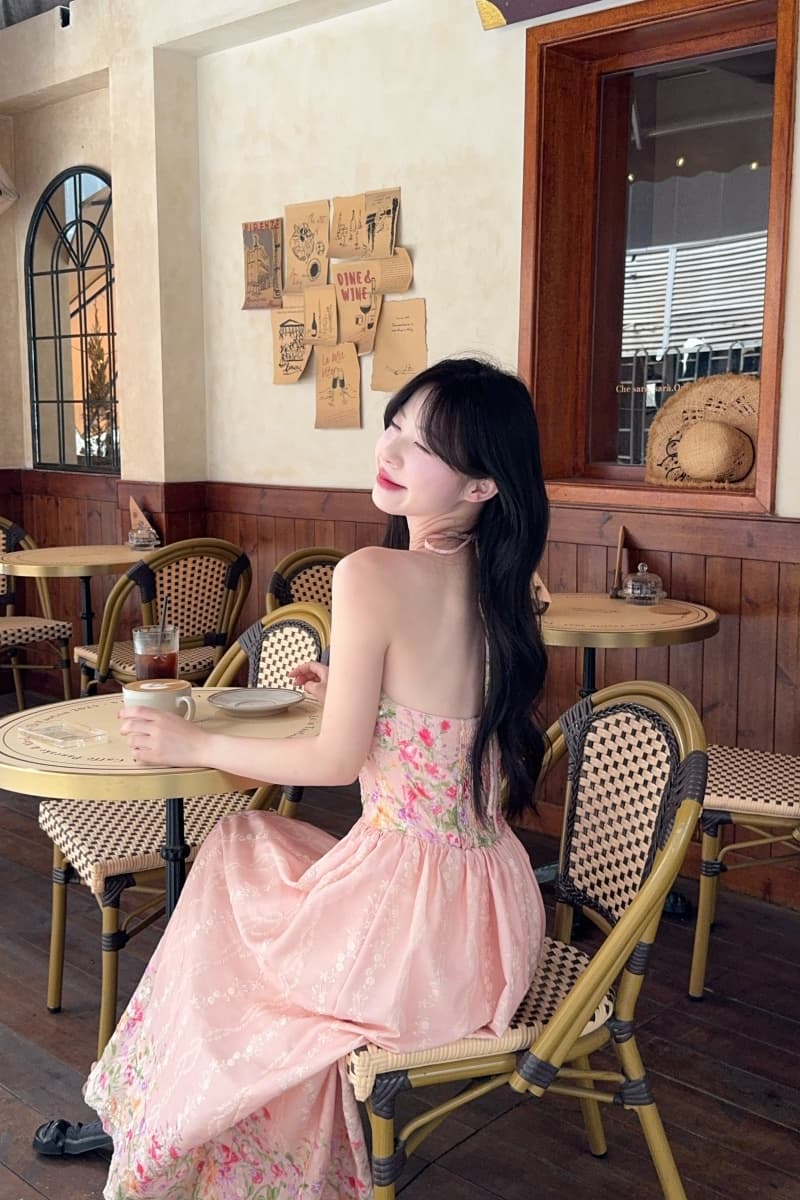 실사 정가 수채화 정원 롱 코트 행침 목 비즈 한 마디 허리 수축 프린트 여성 드레스 여름 프랑스식 치마 상세 이미지 21