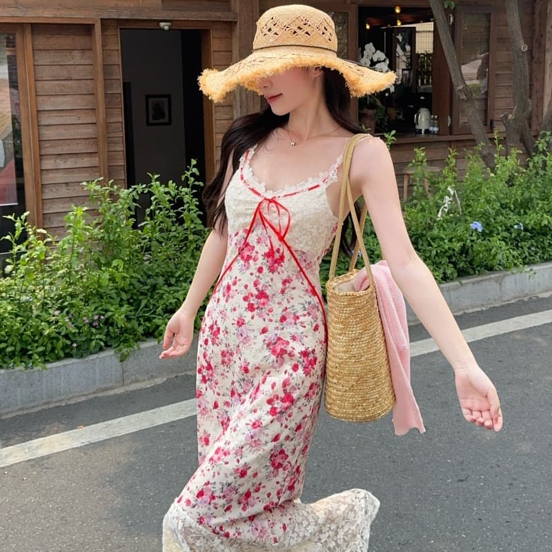 실사 정가 중년 장미 롱 코트 레이스 레이스업 꽃무늬 허리 수축 한 마디 여성 드레스 여름 프랑스식 치마 이미지 2