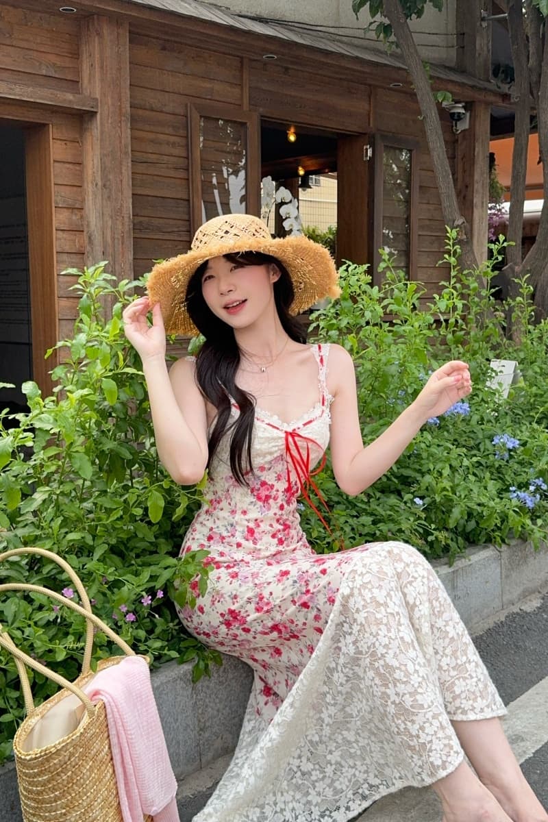 실사 정가 중년 장미 롱 코트 레이스 레이스업 꽃무늬 허리 수축 한 마디 여성 드레스 여름 프랑스식 치마 상세 이미지 2