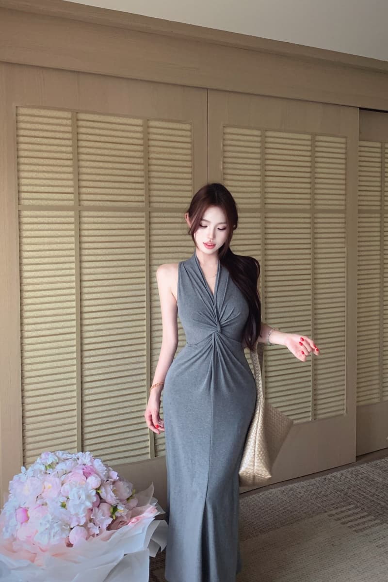 실사 정가 매듭 행침 목 몸매 가꾸기 사람들 면 드레스 디자인 센스 주름 V넥 롱 스커트 상세 이미지 6
