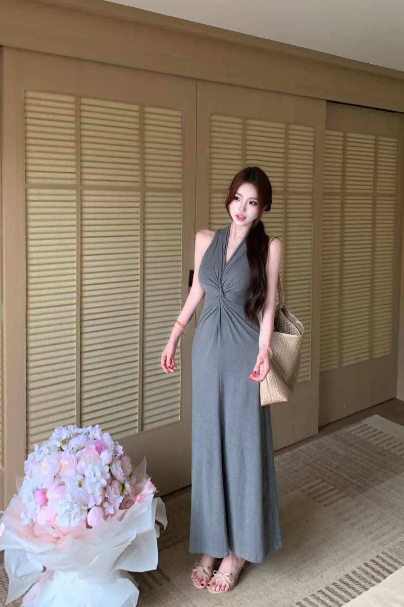 실사 정가 매듭 행침 목 몸매 가꾸기 사람들 면 드레스 디자인 센스 주름 V넥 롱 스커트 상세 이미지 7
