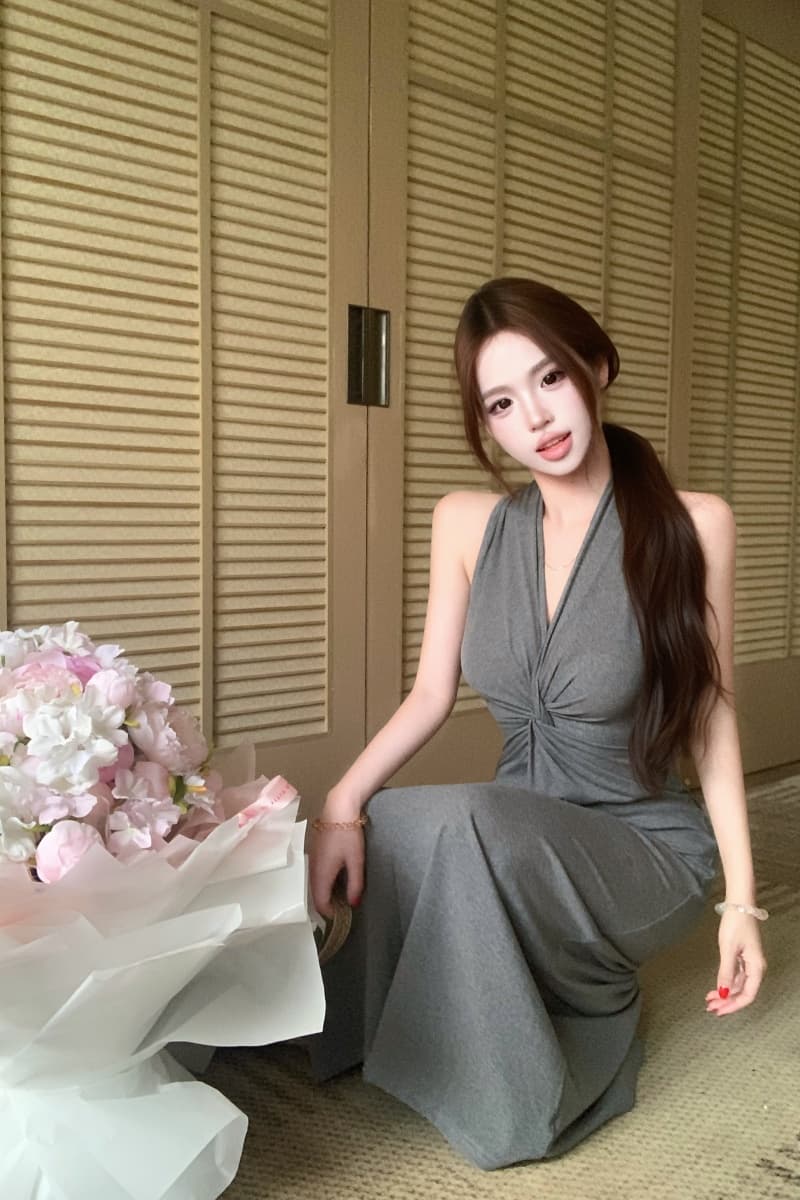실사 정가 매듭 행침 목 몸매 가꾸기 사람들 면 드레스 디자인 센스 주름 V넥 롱 스커트 상세 이미지 8