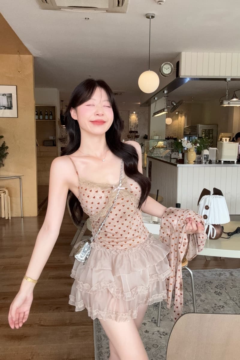 실사 정가 새로운 한국 스타일 레이스 하트 V넥 슬립 오픈 가디건 케이크 드레스 상세 이미지 2