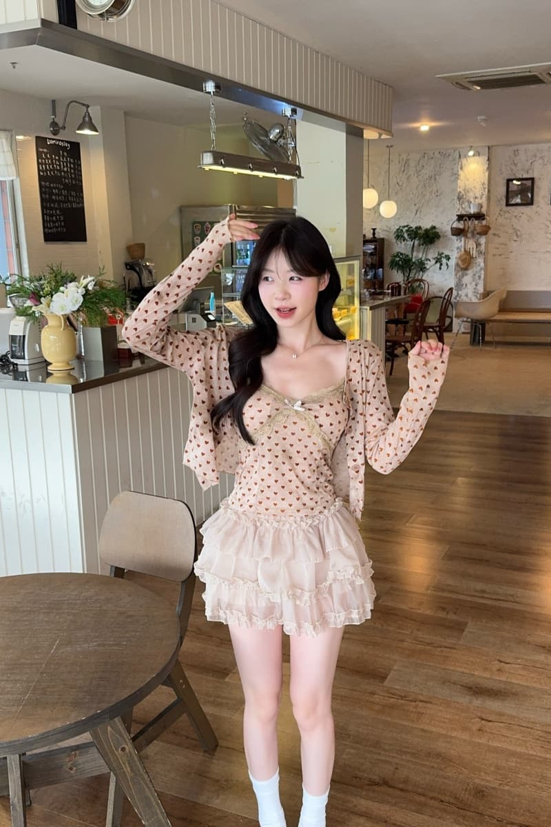 실사 정가 새로운 한국 스타일 레이스 하트 V넥 슬립 오픈 가디건 케이크 드레스 상세 이미지 3