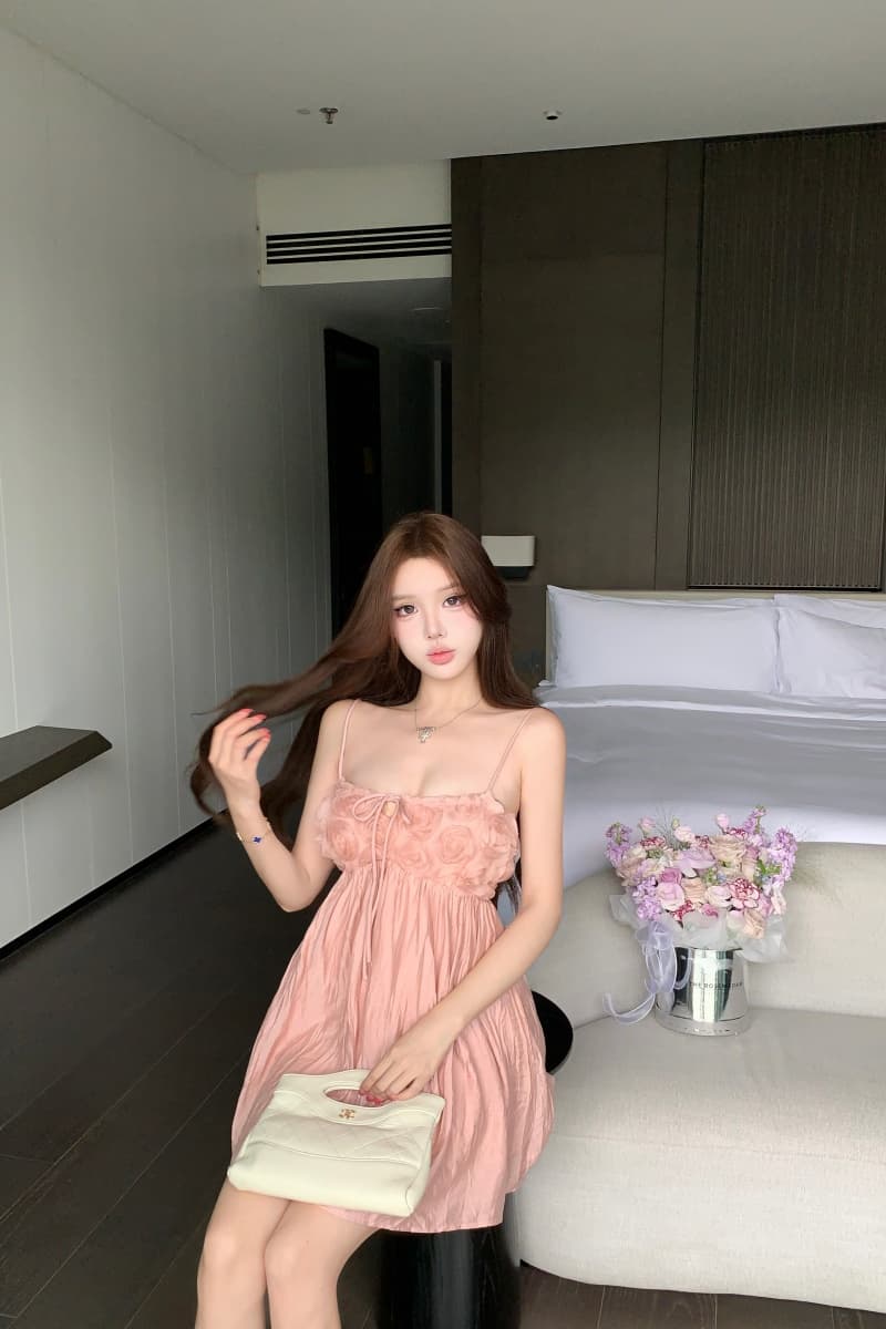 실사 정가 트윈 룸 달콤한 사쿠라 디자인 센스 꽃 주름 슬립 여성 드레스 한 마디 슬림해 보이는 미니 스커트 여름 상세 이미지 1