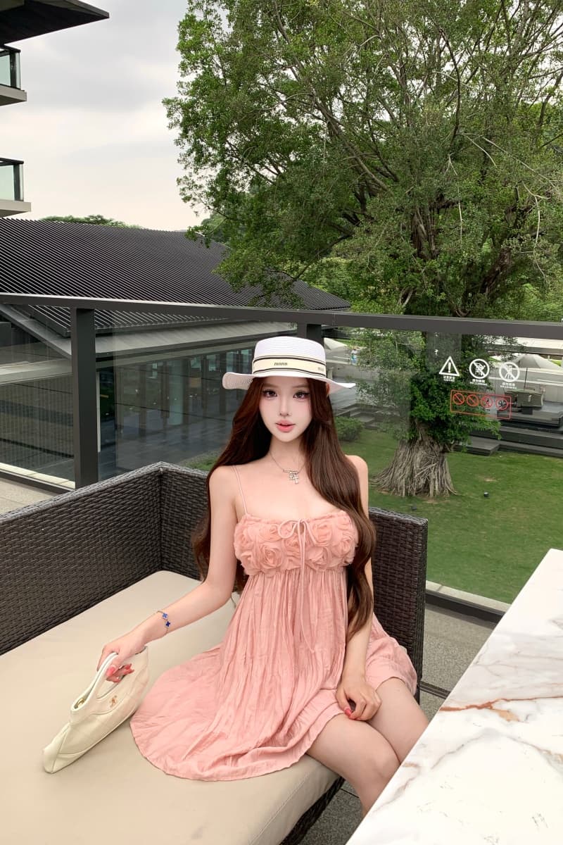 실사 정가 트윈 룸 달콤한 사쿠라 디자인 센스 꽃 주름 슬립 여성 드레스 한 마디 슬림해 보이는 미니 스커트 여름 상세 이미지 2