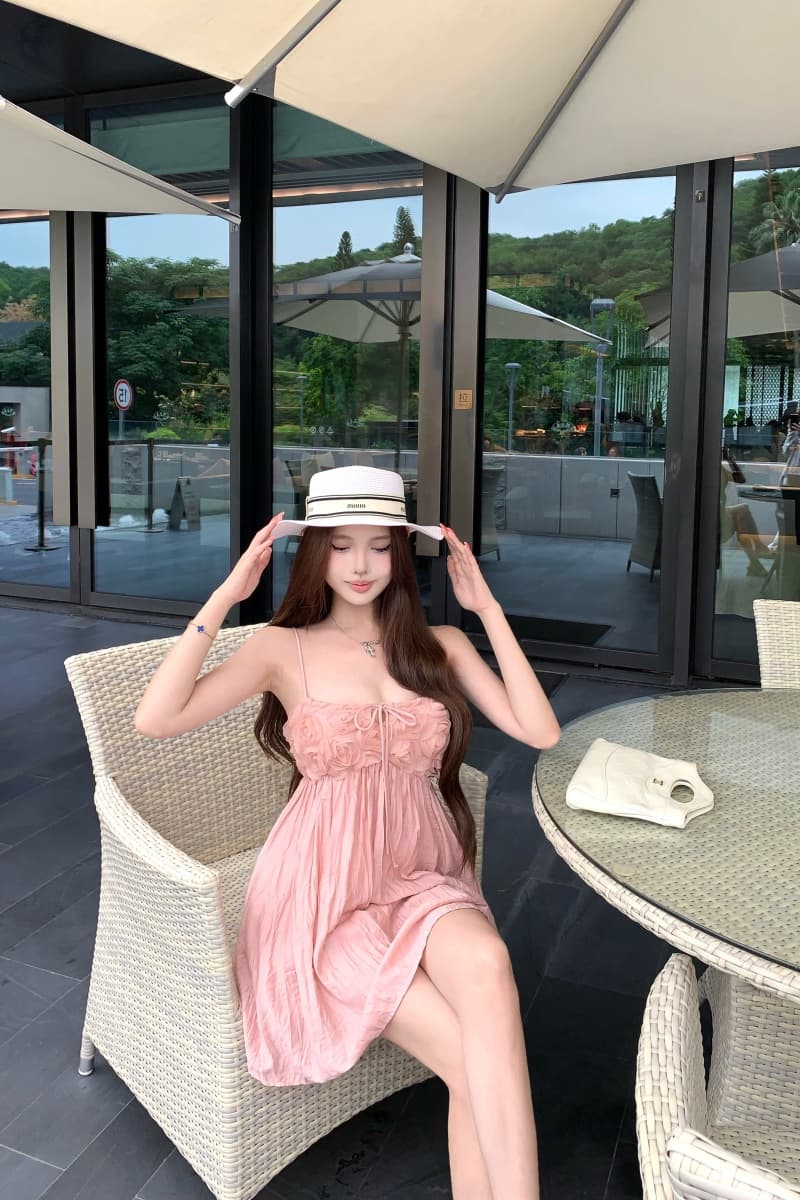 실사 정가 트윈 룸 달콤한 사쿠라 디자인 센스 꽃 주름 슬립 여성 드레스 한 마디 슬림해 보이는 미니 스커트 여름 상세 이미지 3