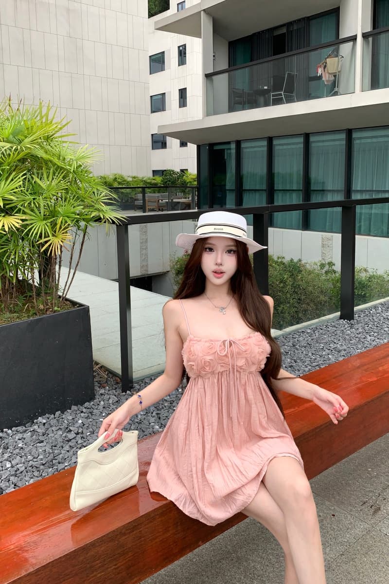 실사 정가 트윈 룸 달콤한 사쿠라 디자인 센스 꽃 주름 슬립 여성 드레스 한 마디 슬림해 보이는 미니 스커트 여름 상세 이미지 11