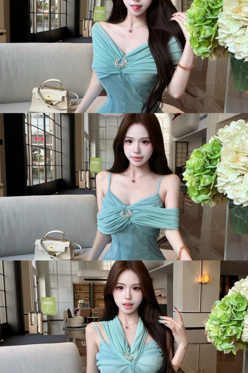 실사 파란색 롱 코트 허리 수축 슬립 여성 드레스 여름 프랑스식 레트로 천 골드 치마 이미지 6