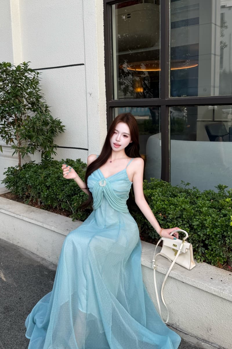 실사 파란색 롱 코트 허리 수축 슬립 여성 드레스 여름 프랑스식 레트로 천 골드 치마 상세 이미지 5