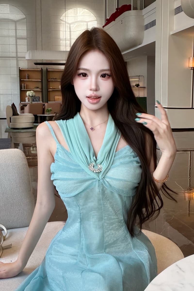 실사 파란색 롱 코트 허리 수축 슬립 여성 드레스 여름 프랑스식 레트로 천 골드 치마 상세 이미지 7