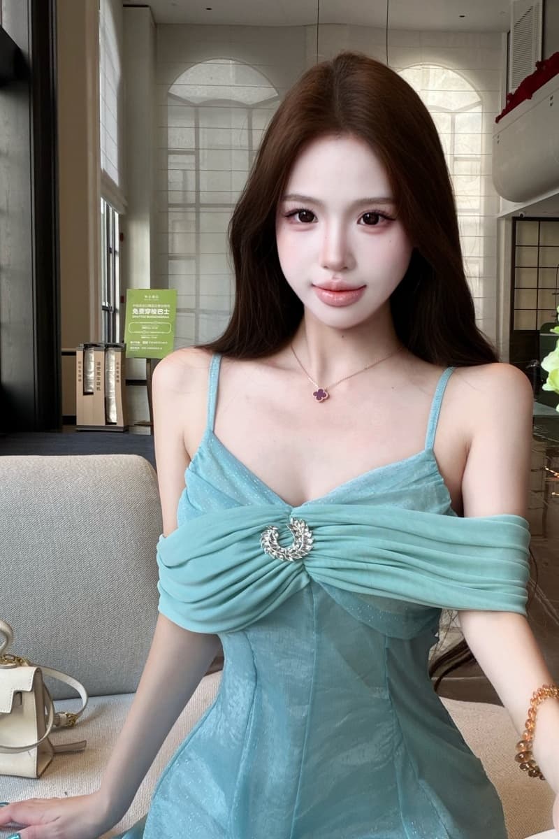 실사 파란색 롱 코트 허리 수축 슬립 여성 드레스 여름 프랑스식 레트로 천 골드 치마 상세 이미지 8