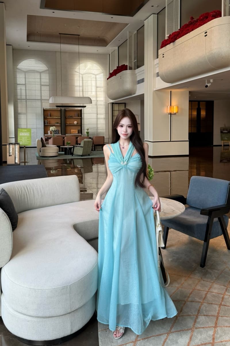 실사 파란색 롱 코트 허리 수축 슬립 여성 드레스 여름 프랑스식 레트로 천 골드 치마 상세 이미지 10