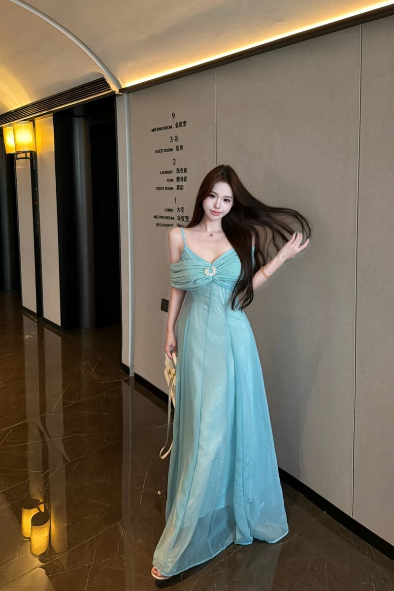 실사 파란색 롱 코트 허리 수축 슬립 여성 드레스 여름 프랑스식 레트로 천 골드 치마 상세 이미지 12