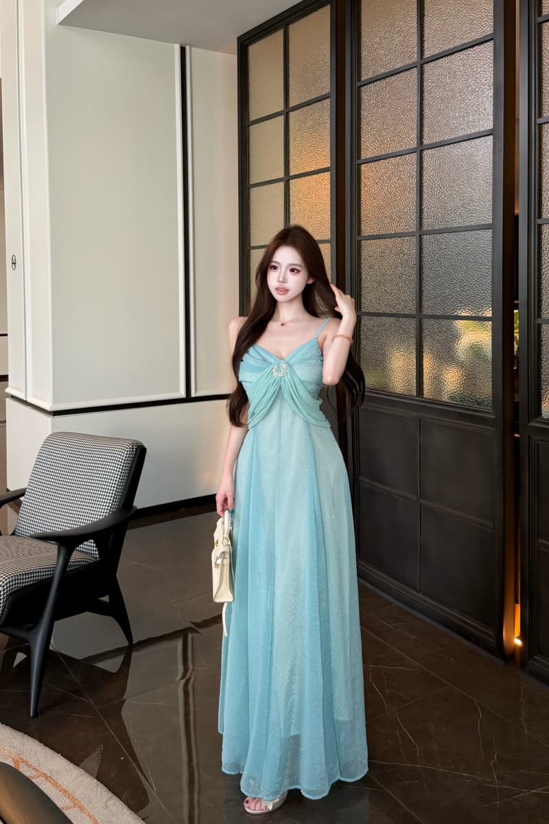 실사 파란색 롱 코트 허리 수축 슬립 여성 드레스 여름 프랑스식 레트로 천 골드 치마 상세 이미지 13