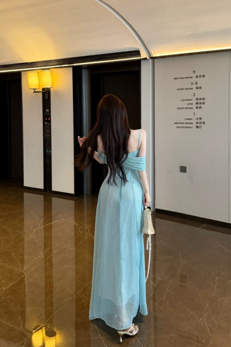 실사 파란색 롱 코트 허리 수축 슬립 여성 드레스 여름 프랑스식 레트로 천 골드 치마 상세 이미지 14