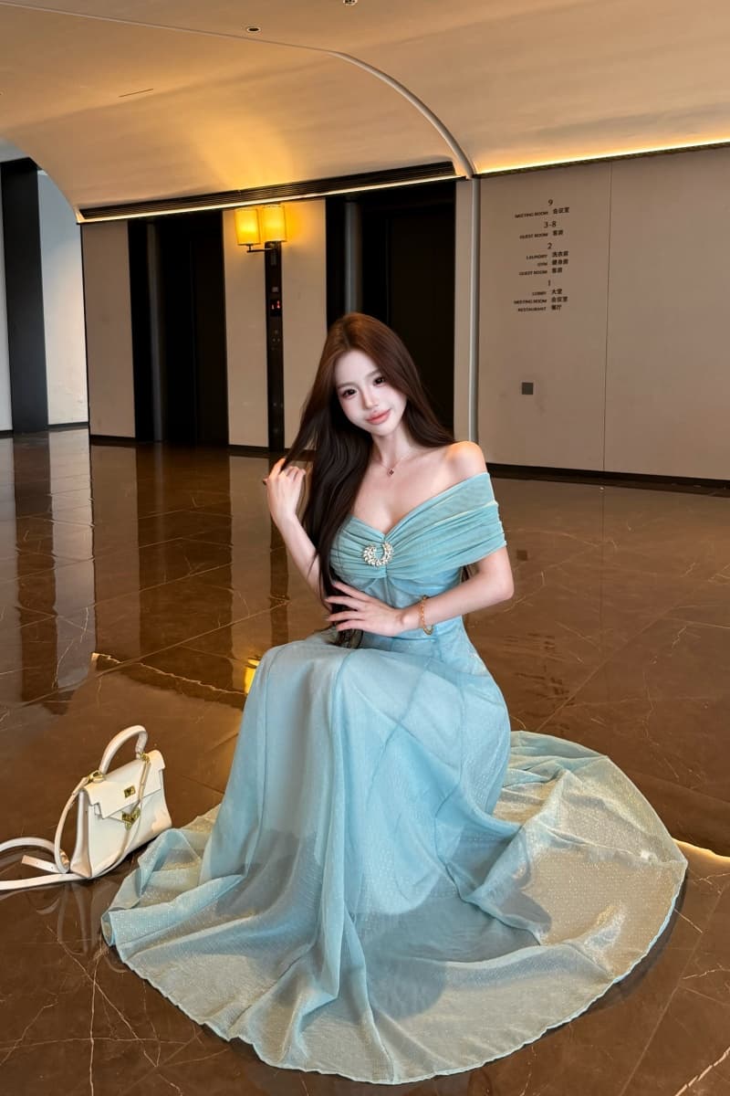실사 파란색 롱 코트 허리 수축 슬립 여성 드레스 여름 프랑스식 레트로 천 골드 치마 상세 이미지 16