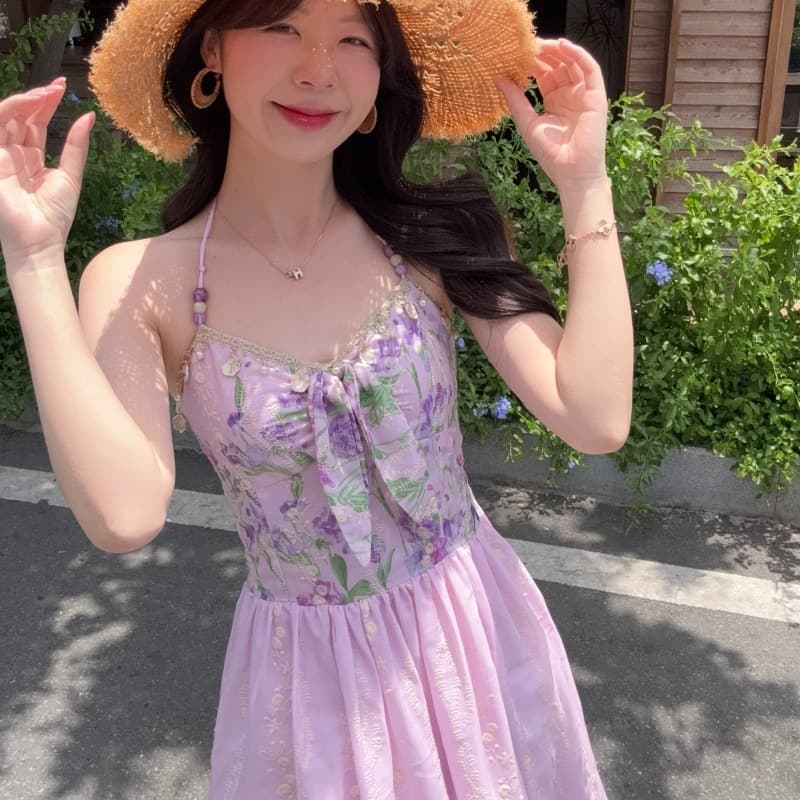 실사 정가 수채화 정원 롱 코트 행침 목 비즈 한 마디 허리 수축 프린트 여성 드레스 여름 프랑스식 치마 이미지 5