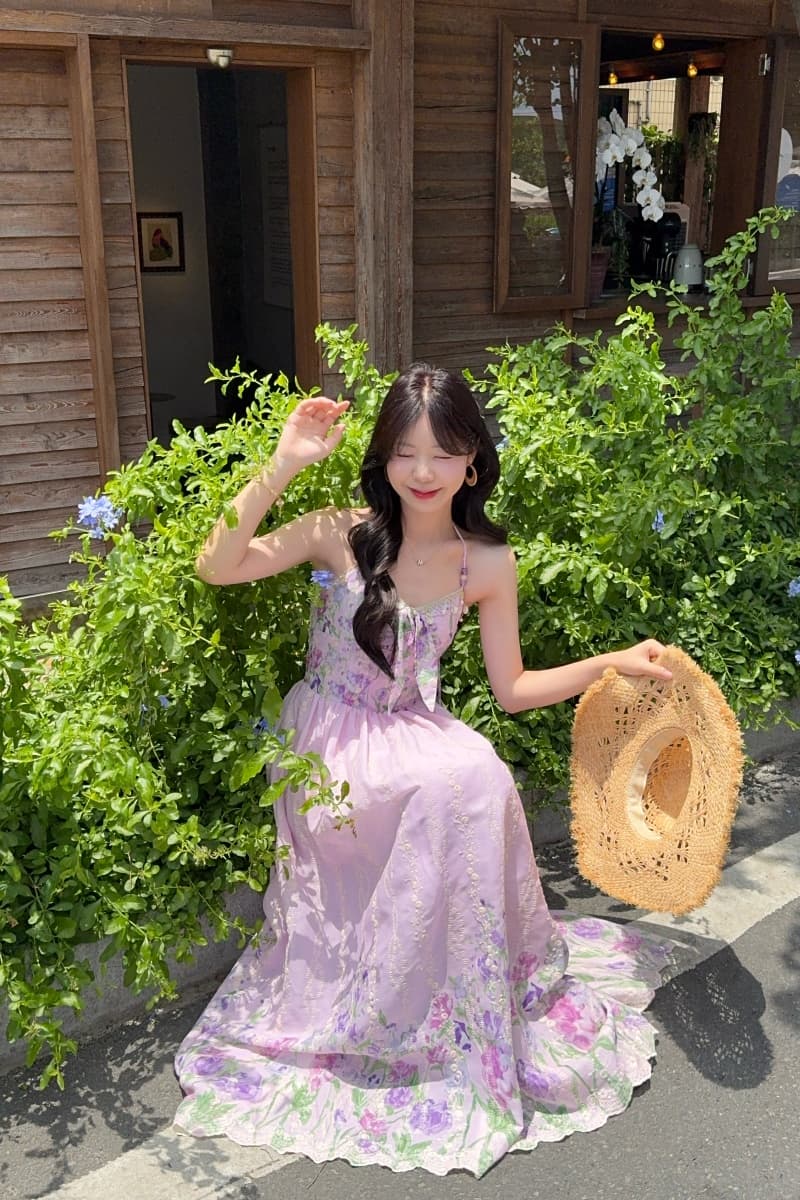 실사 정가 수채화 정원 롱 코트 행침 목 비즈 한 마디 허리 수축 프린트 여성 드레스 여름 프랑스식 치마 상세 이미지 1