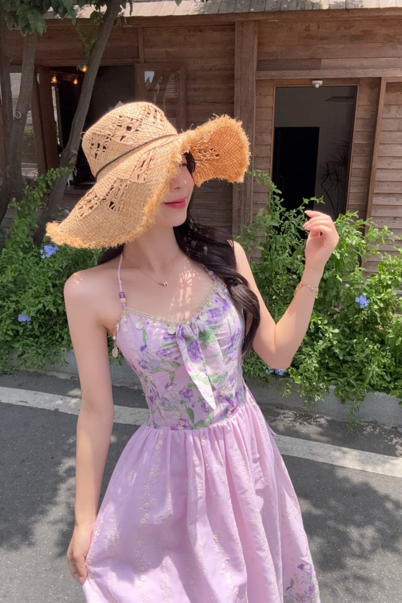 실사 정가 수채화 정원 롱 코트 행침 목 비즈 한 마디 허리 수축 프린트 여성 드레스 여름 프랑스식 치마 상세 이미지 2