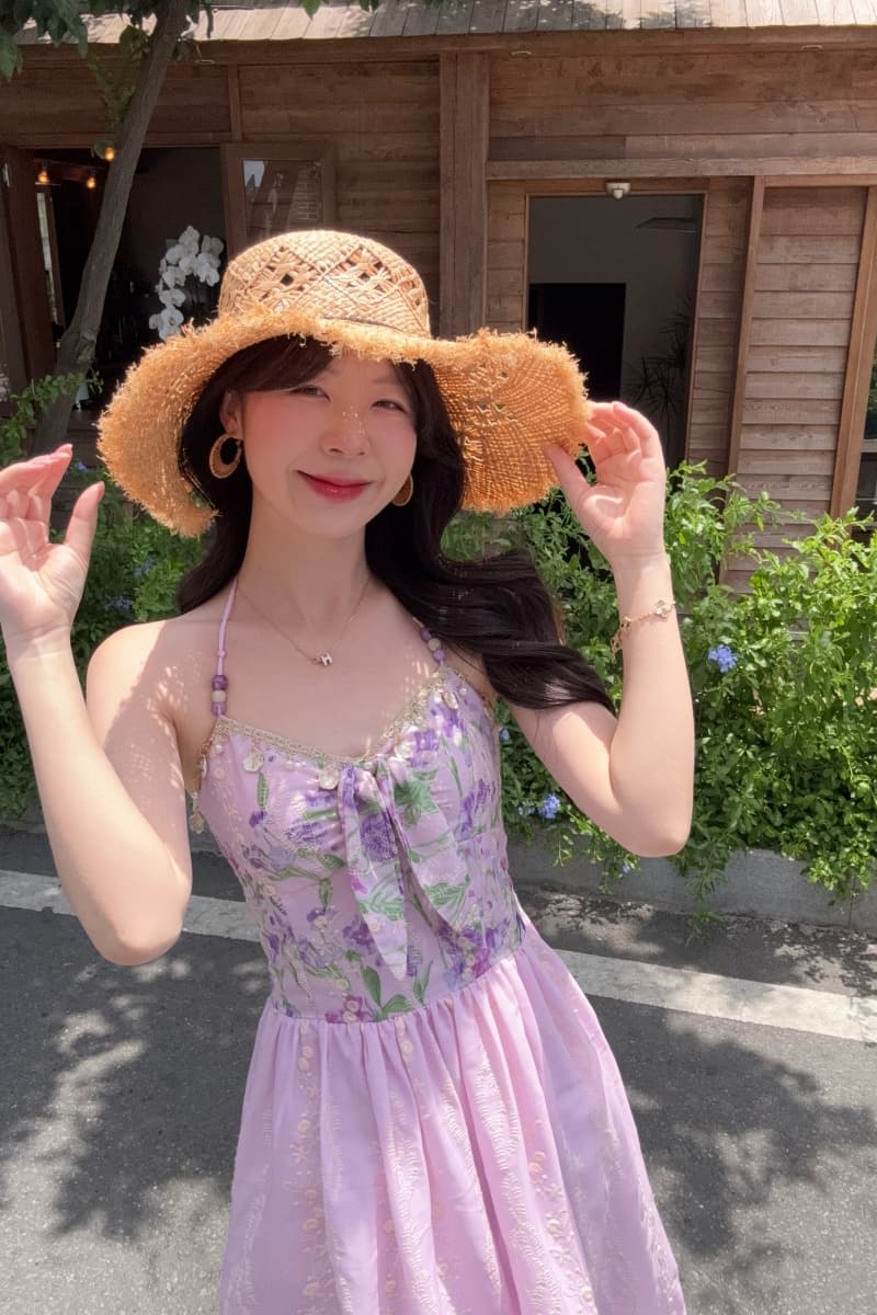 실사 정가 수채화 정원 롱 코트 행침 목 비즈 한 마디 허리 수축 프린트 여성 드레스 여름 프랑스식 치마 상세 이미지 3