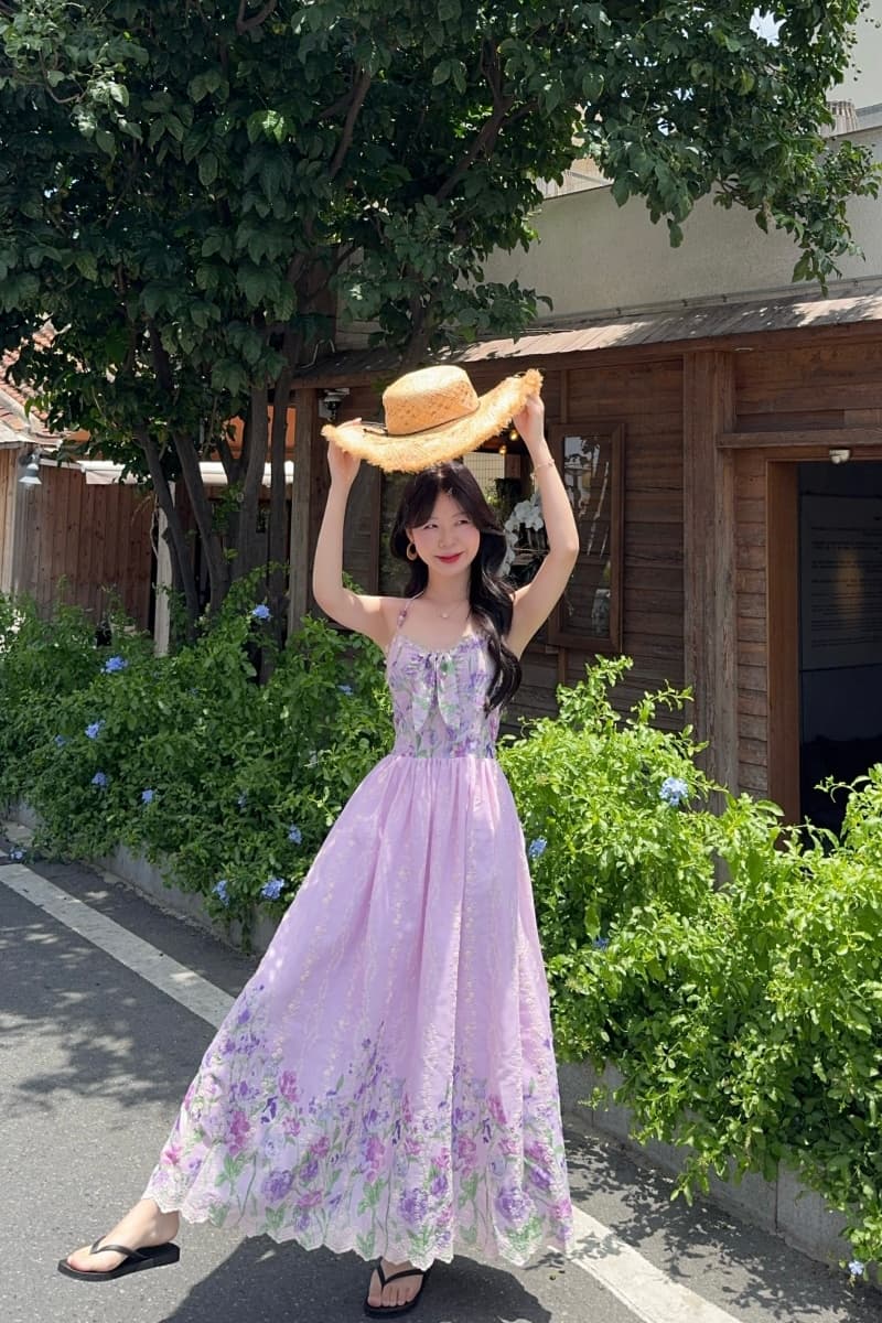 실사 정가 수채화 정원 롱 코트 행침 목 비즈 한 마디 허리 수축 프린트 여성 드레스 여름 프랑스식 치마 상세 이미지 5
